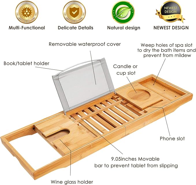 Moclever Bathtub Caddy Trays - Premium Bamboo Bath Trays with Extending Sides, Reading Rack, Tablet Holder, Cell Phone Tray and Luxury Wine Glass Holder - Natural Bamboo Color