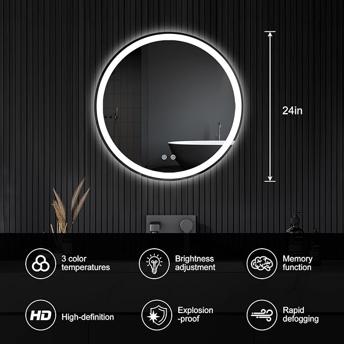 DUMOS 24 Inch Round LED Bathroom Mirror with Lights, Circle Vanity Mirror | Anti-Fog, Dimmable, 3-Color Light, Front Light and Backlit, Memory Function, Tempered Glass