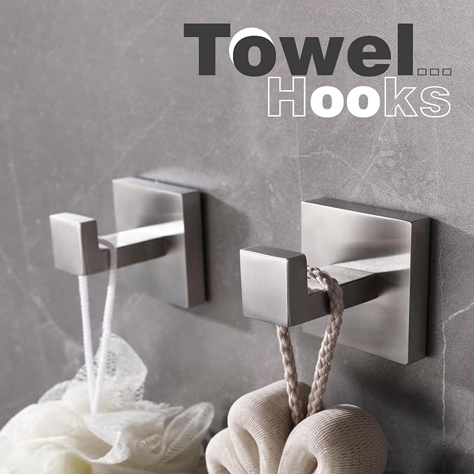 LANC 3-Pack Towel Hooks Bathroom Towel Hooks Heavy Duty Clothes Hook Square Hanger Robe Hook Wall Mounted Contemporary Kitchen Hotel Wall Hooks Brushed Nickel, A8805BN-P3