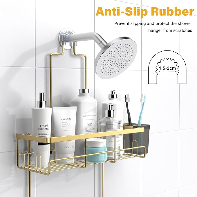 Hanging Shower Caddy Over Showerhead - Rustproof No Drill Shower Organizer | Includes Soap Holder and Hooks for Shampoo, Conditioner, and Bathroom Essentials with Quick Drainage Design