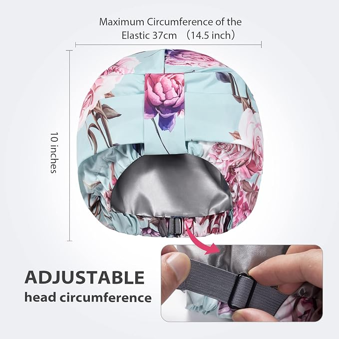 INNELO Shower Cap for Women Reusable Waterproof, Double Layer, Satin Lined | Bath Cap, Adjustable Elastic Strap, Large Size for Short Long Curly Hair, Soft Silky Lined, Anti Frizz, Shower Essentials