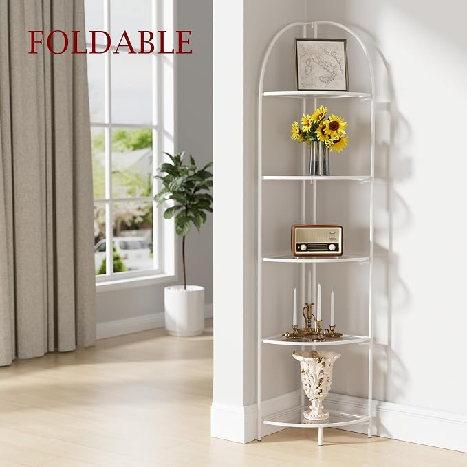 Crofy Foldable 5 Tier Corner Shelf, Metal Corner Plant Stand with White Frame and Transparent Shelves, Corner Display Rack Multipurpose Shelving Unit for Living Room, Bedroom, Bathroom