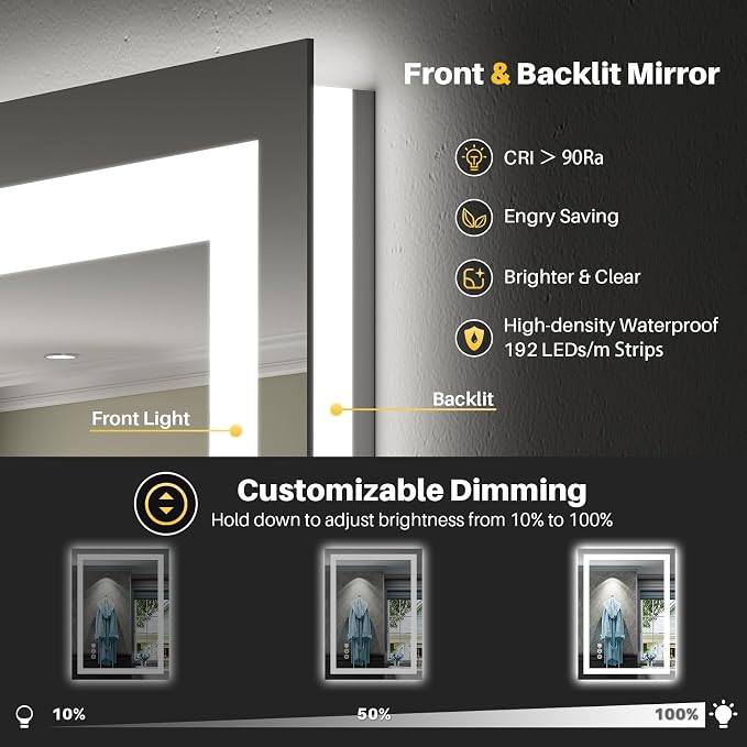 Briivue 24x36 Inch LED Bathroom Mirror with Lights, Backlit & Front Lit | Anti-fog, 3 Color Dimmable, Memory Function, HD Reflection Tempered Glass, ETL Listed, IP54 Waterproof