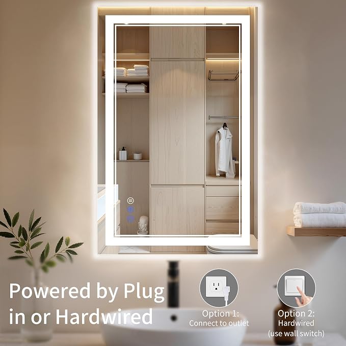 30"x40" LED Bathroom Mirror with Lights, Anti-Fog, Backlit + Front Lit, Dimmable, Led Vanity Mirror for Wall, Lighted Bathroom Mirror, 3 Colors, Shatter-Proof Tempered Glass