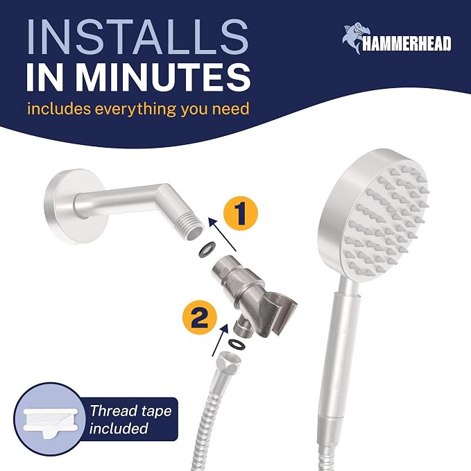 HammerHead Showers® Solid Metal Handheld Shower Head Holder - Brushed Nickel - Adjustable Shower Wand Holder with Universal Wall Hook Bracket and Brass Pivot Ball - Hand Held Shower Head Holder