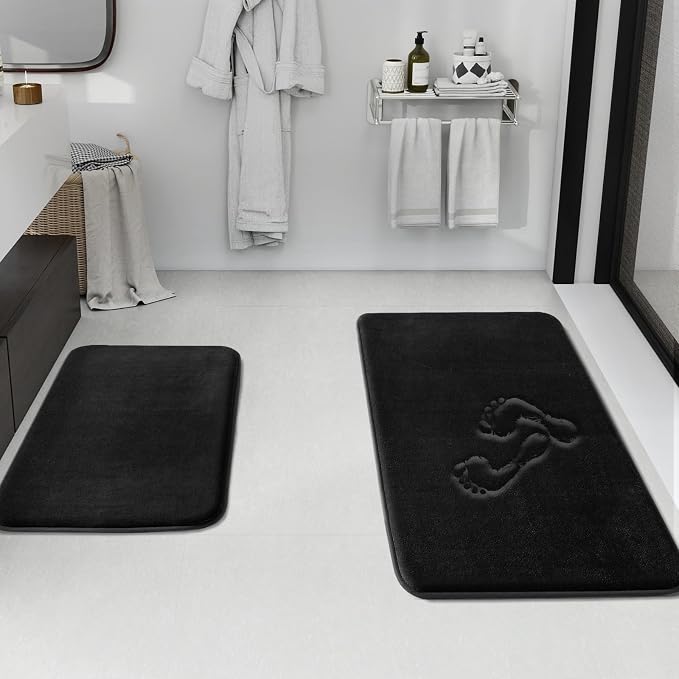 Bathroom Rugs Sets 2 Piece, Non-Slip & Quick Dry Bath Mat Set, Ultra Soft Velvet Bath Rugs for Bathroom, Toilet and Shower Floor, Black