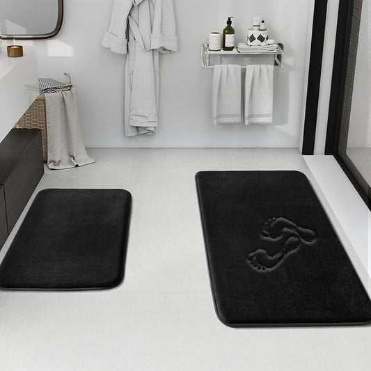 Bathroom Rugs Sets 2 Piece, Non-Slip & Quick Dry Bath Mat Set, Ultra Soft Velvet Bath Rugs for Bathroom, Toilet and Shower Floor, Black