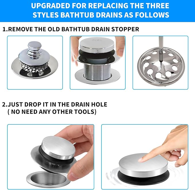 Bathtub Drain Stopper, Tub Plug for 1.5"-1.72" Regular Drains | Universal Pop Up Tub Stopper Replacement for Tip Toe/Trip Lever/Lift&Turn Tub Drains, 3 O-Rings,Chrome Plated