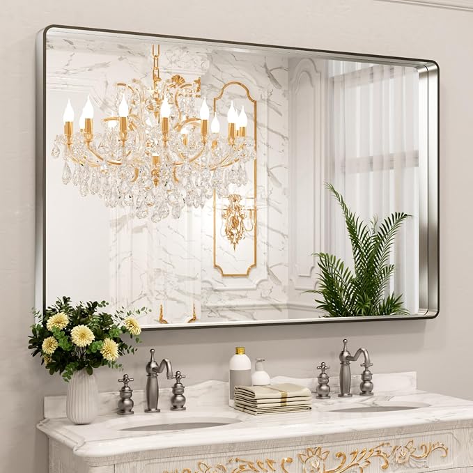 LOAAO 60X40 Inch Brushed Nickel Bathroom Mirror | Rounded Rectangle, Silver Metal Frame, Anti-Rust, Tempered Glass, Hangs Horizontally or Vertically