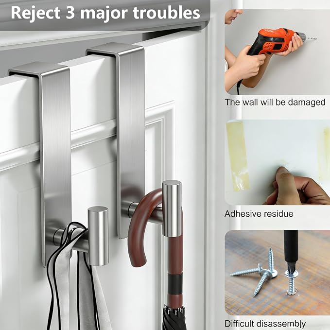 PMMASTO 2-Pack Over The Door Hooks - Rustproof Stainless Steel Door Hangers for 1-3/4 Inch Doors, Non-Marking and Tool-Free Easy Install (Silver, T Shape)