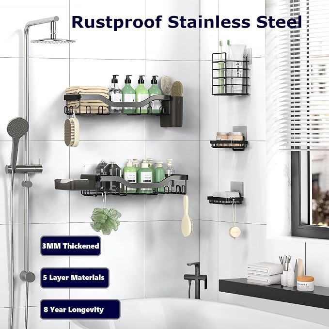 NESOMI 7-Pack Shower Caddy Adhesive,Stainless Steel Shower Organizer Shelf | Rustproof, with Soap Dish Toothbrush Holder, Large Capacity, No-Drill Rack Bathroom Storage Accessories, 24 Hooks, Home Decor