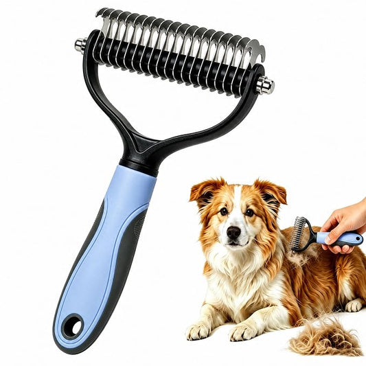 Pet Grooming Brush - Double-Sided Dematting Comb & Deshedding Tool for Dogs and Cats, Effortless Hair Removal, Ideal for Long-Haired Breeds, Reduce Shedding (1, Blue, Large)