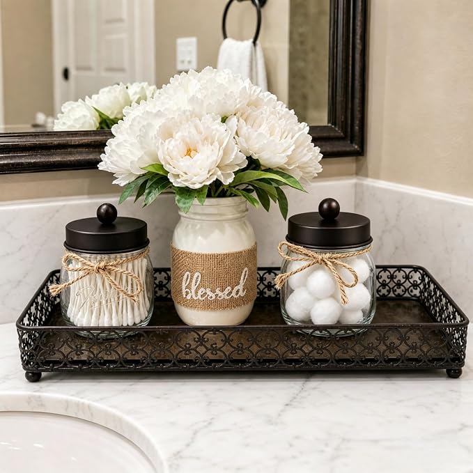 SheeChung 6 Pack Qtip Holders with Labels, Bathroom Organizers and Storage, Bathroom Decor, Apothecary Jars with Lids, Small Mason Jars for Qtips, Cottons, Floss, Balls, Cotton Swabs-Bronze