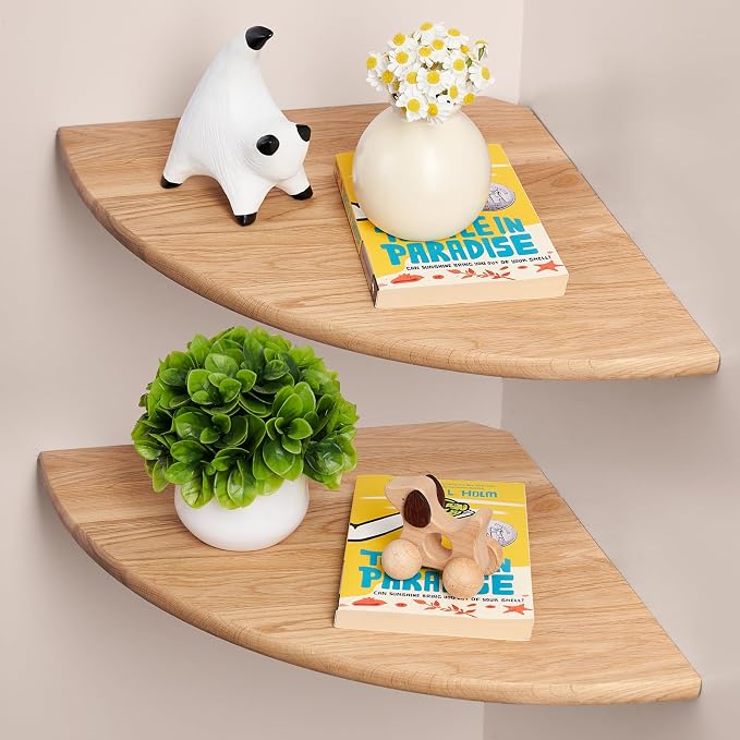 Gieanoo Floating Corner Shelves for Wall Set 2 12inch Solid Oak Rounded Corner Shelves Wall Mounted with Cable Hole Wood Corner Hanging Shelves for Living Room Bedroom Bathroom Kitchen