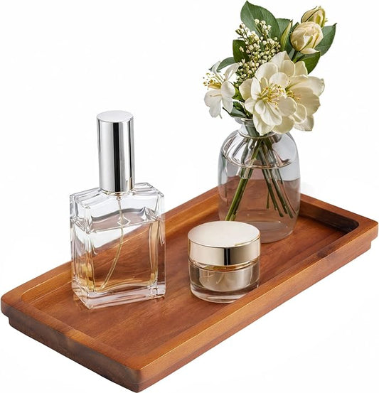Demigo Bathroom Vanity Tray, Natural Acacia Organizer Tray, 11.8 x 5.9 in | Wooden Countertop Holder for Cosmetics Jewelry Candle & Keys, Decorative Tray for Toilet Tank, Kitchen & Sink Decor