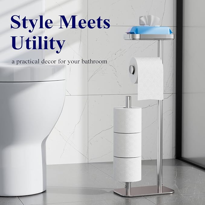 Kitsure Metal Toilet Paper Holder Free Standing, Medium, Chrome Silver | Rustproof Toilet Paper Stand for 4 Rolls, Bathroom Organizers and Storage with Anti-Slip Base and Plastic Shelf