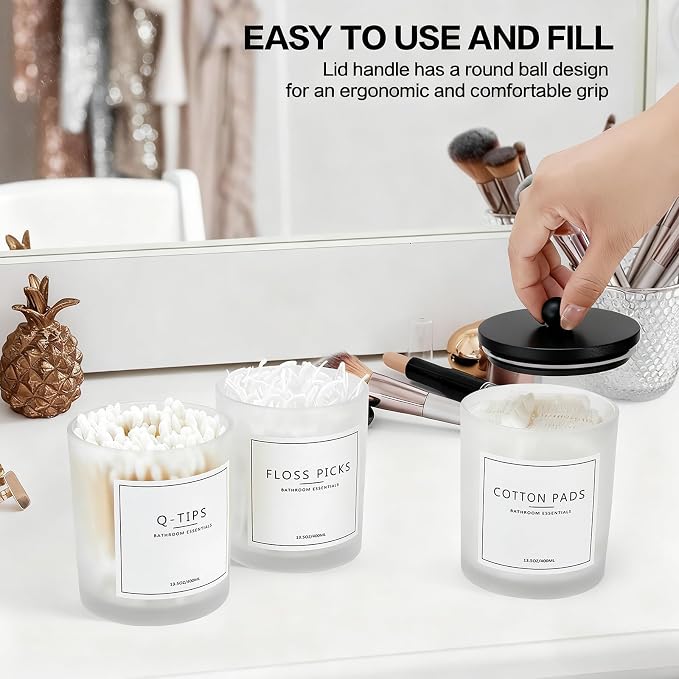 3 Pack Qtip Holder Bathroom Set,Cotton Ball Swab Pad Holder Cotton Round Floss Pick Dispenser with Tray,Glass Apothecary Jars with Lids,Bathroom Organizers and Storage Canisters-Frosted White