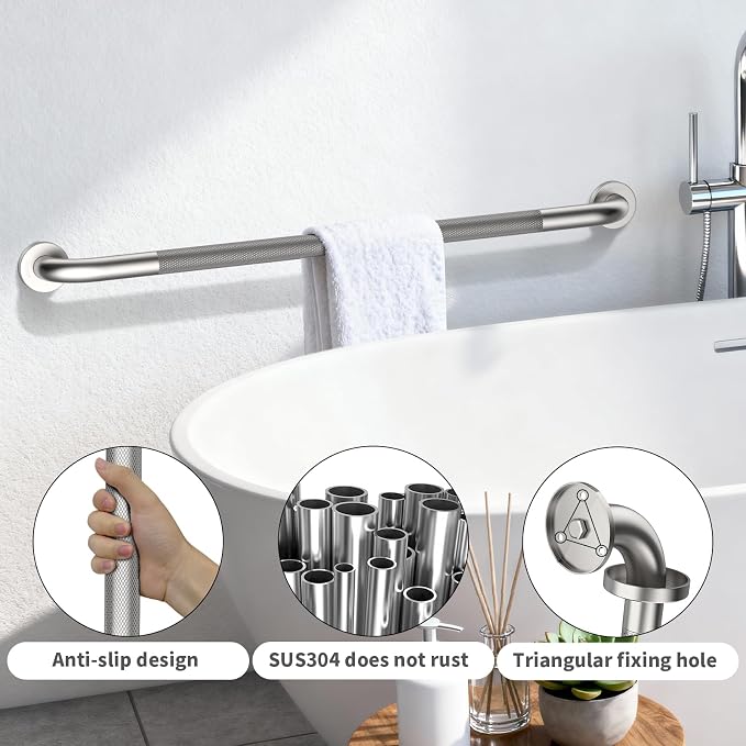 42 Inch Anti-Slip Grab Bar, ZUEXT Brushed Nickel Extra Long Stainless Steel Bathroom Safety Assist Handle w/Knurled Grip, Wall Mounted Support Rail for Bathtub, Shower, Toilet Seniors Handicap Safety