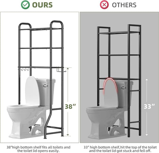 Simple Trending Over The Toilet Storage Rack, Metal 3 Tier Bathroom Organizer Shelf with Paper Holder and 3 Hooks, Freestanding Shelf Space Saver Above Toilet,Black