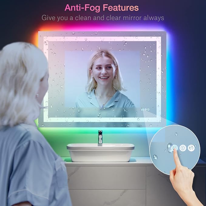 LOAAO 48"X36" RGB LED Bathroom Mirror with Lights, UL Listed | Anti-Fog, Dimmable, RGB Backlit + Front Lighted, Memory Function, Tempered Glass