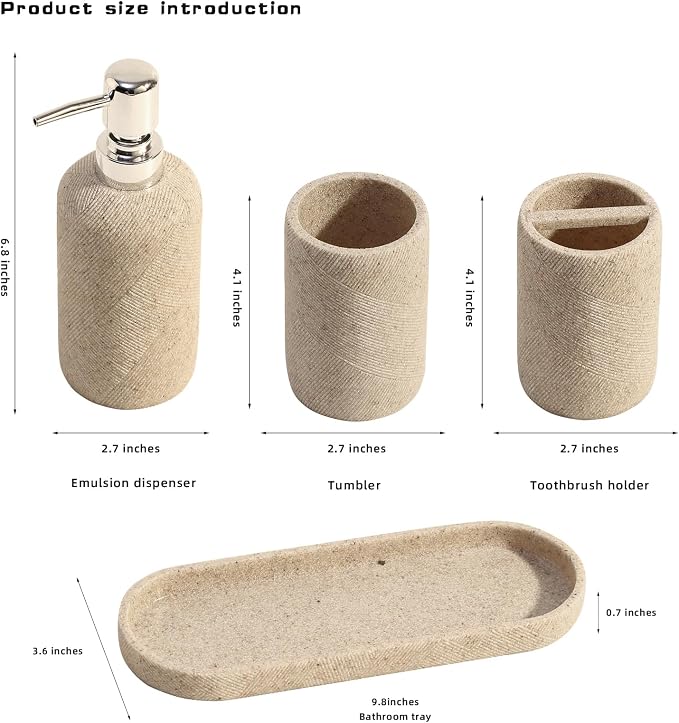 Bathroom Accessories Set,4 PCS Bathroom Organizer,Sand Stone Look,Beige | Simple, Modern Decor, Twill, With 10OZ Soap Dispenser and Toothbrush Holder, Tumbler, Vanity Tray for Bathroom Countertop