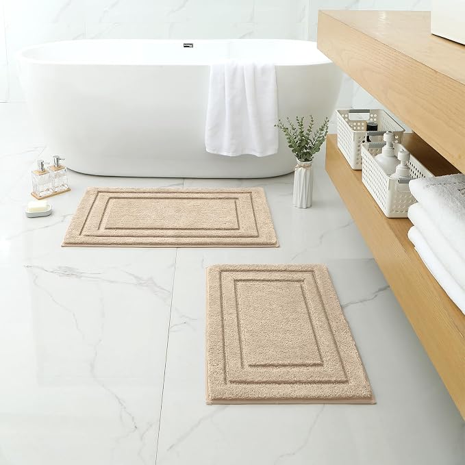 HOMEIDEAS Bathroom Rugs Sets 2 Piece, Super Soft and Absorbent Non Slip Microfiber Machine Washable Bath Mat Set (20" x 32" + 16" x 24", Beige) | Ultra Absorbent, Microfiber Machine Washable Bath Rug Set, for Bathroom, Tub, Shower 20" x 32" + 16" x 24"