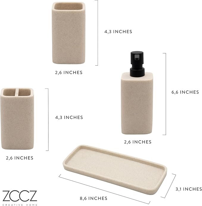 Bathroom Accessory Sets, 4 Pieces Bathroom Accessories Complete Set Vanity Countertop Accessory Set Marble Look, Includes Lotion Dispenser Soap Pump, Tumbler, Toothbrush Holder and Tray (Beige)