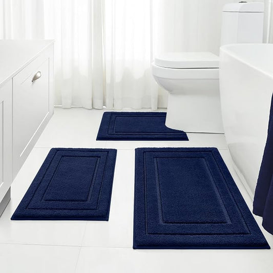 HOMEIDEAS Navy Blue Bathroom Rugs Set of 3, Non Slip Bath Mats | Super Absorbent, Plush Microfiber, Machine Washable, Stain Resistant, Easy Care, Perfect for Modern Bathroom Decor