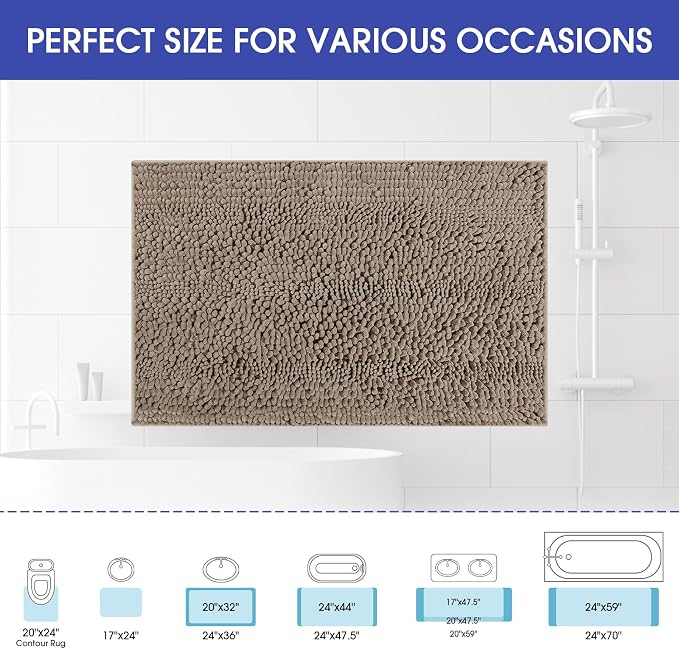 ACCUMTEK Striped Dark Beige Bathroom Rug Mat 24"x17" Ultra Soft, Non Slip Chenille Bath Rugs, Absorbent Plush Shaggy Bath Mats for Bathroom, Bedroom, Kitchen, Shower, Tub,Taupe