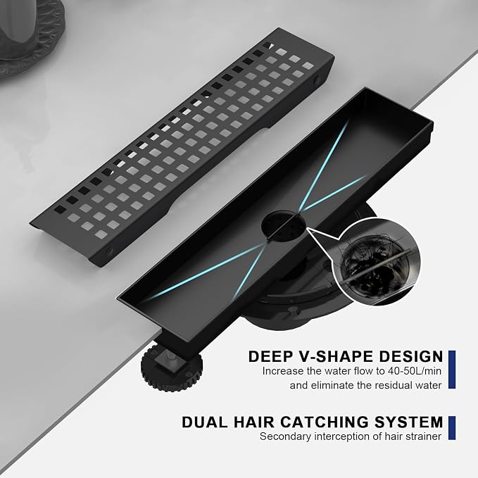 Linear Shower Drain | 12 Inch AISI 304 Stainless Steel Shower Drain, Matte Black Linear Drain with Removable Quadrato Grate Cover & Adjustable Feet, Rectangle Floor Drain, in Bathroom Balcony etc