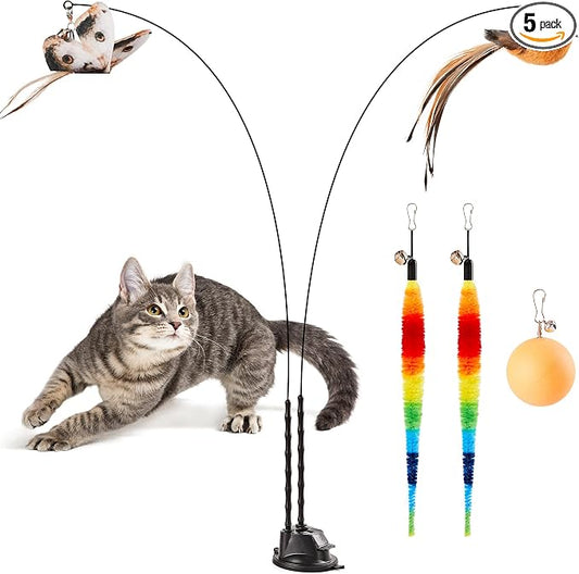 Potaroma Suction Cup Cat Wand Toys, Dual-Wand Interactive Kitten Toy | For Indoor Cats with 5 Pcs Feathers Balls Attachments, Charcoal Base