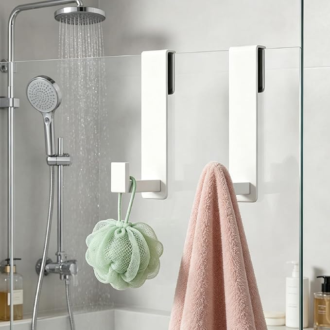 HUFEEOH Shower Door Towel Hooks, Stainless Steel Over Glass Door Hooks, Robe Hanger Fits Frameless Glass Shower Doors up to 3/8" Thick (White, Fits 3/8" Thick Door - L Shape - 2 Pack)