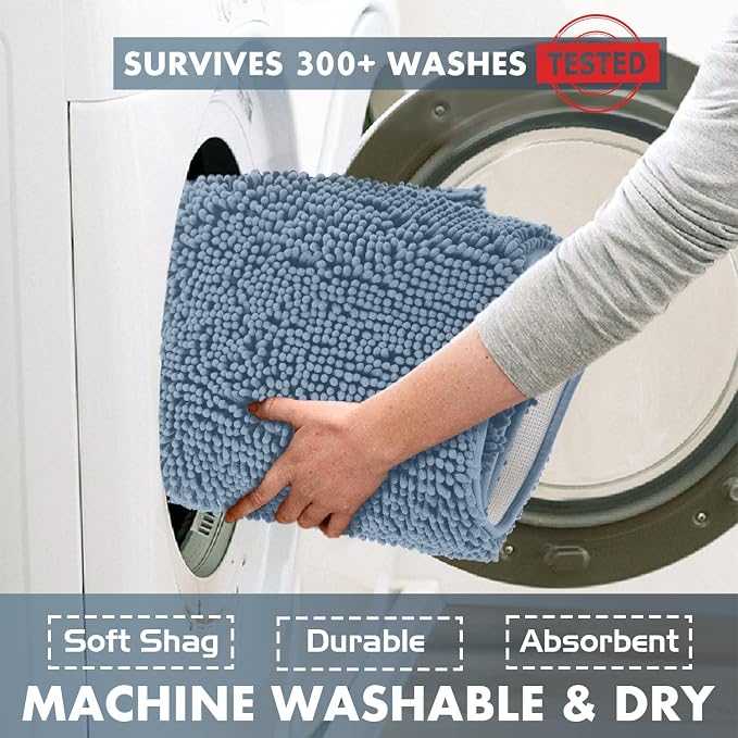 LuxUrux 3-Piece Bathroom Rug Set – Plush Chenille Bath Mats & U-Shaped Toilet Mat, Ultra-Soft, Absorbent & Non-Slip (20x20 U, 16x24 & 20x30 inches, Sky Blue)