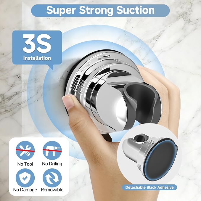 Suction Shower Head Holder, Removable Wall-Mount Handheld Shower Holder, No-Drill Adjustable Chrome Suction Cup 5-Angle Tilt & 360° Swivel