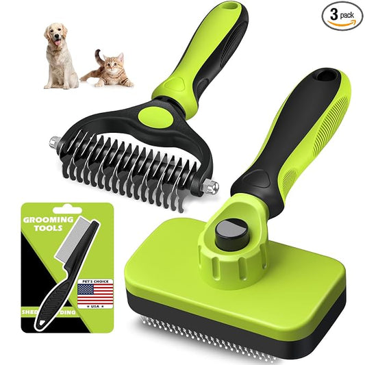 Professional 3PCS Self Cleaning Slicker Brush & Pet Grooming Rake & Flea Comb for Dogs,Cats and Horses | Double-Sided Dematting Comb & Skin Friendly Deshedding Grooming Tool | Pet Supplies (Green)