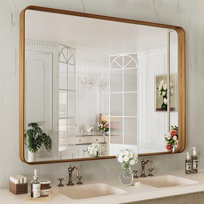 LOAAO 48X36 Inch Bathroom Mirror with Wood Grain Colored Metal Frame | Rounded Rectangle Metal Framed, Anti-Rust, Hangs Horizontally or Vertically, Tempered Glass