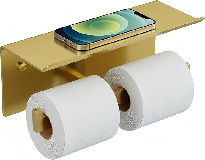 FORIOUS Toilet Paper Holder with Shelf, 304 Stainless Steel Wall Mount Commercial Toilet Paper Dispenser, Double Tissue Roll Holder for Bathroom, Brushed Gold