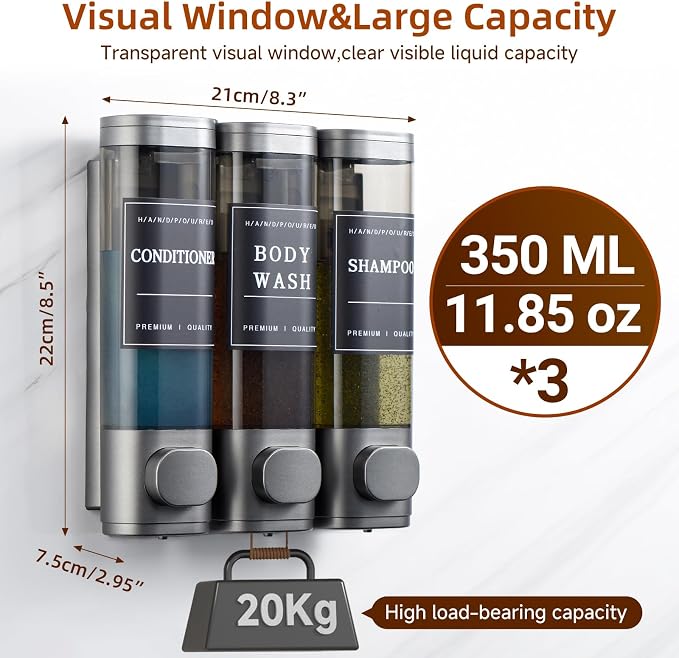 Shampoo and Conditioner Dispenser,Shower Soap Dispenser 3 Chamber No Drill Wall-Mounted for Bathroom & Hotel Leak-Proof Pumps, for Thick Liquids Like Conditioner - 1050ML High Capacity, Gun Gray