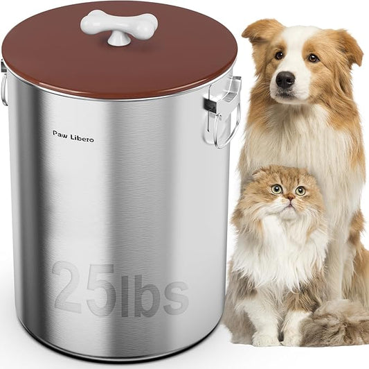 Paw Libero 25 Lbs Stainless Steel Dog Food Storage Container with Airtight Lid & Ceramic Bone Handle, Large Metal Dog Food Bin for Dogs & Cats, Keep Fresh, Easy to Clean