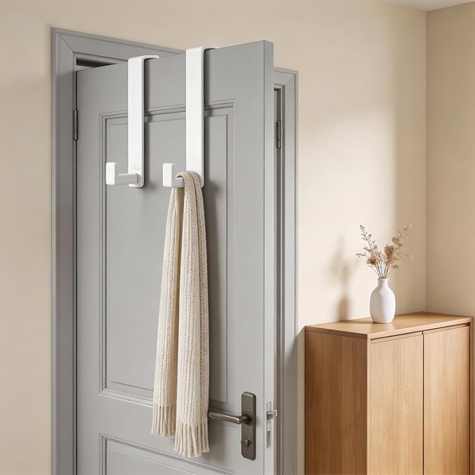 HUFEEOH Over Door Hooks, Stainless Steel Door Hanger with Non-Slip Pads, Easy Install Towel Coat Storage Fits 1-3/4" Thick Door (White, Fits 1-3/4" Thick Door -L Shape - 2 Pack)