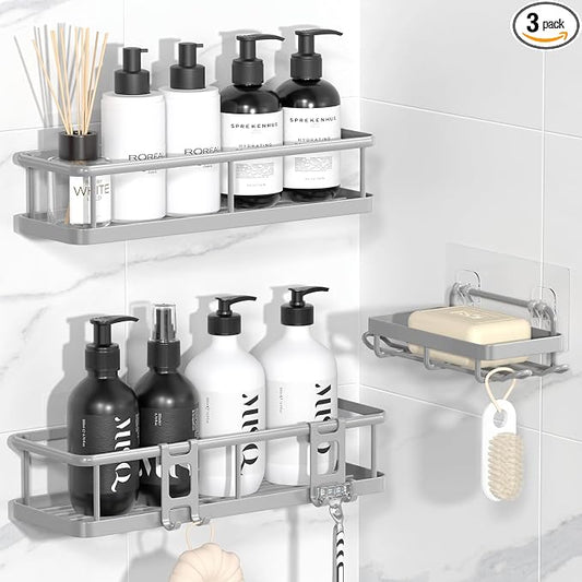 Shower Caddy Adhesive, Rustproof Shower Organizer with Soap Holder, Large Capacity Shower Shelves for Inside Shower, No Drilling Bathroom Organizers and Storage for Home Decor（3 Pack Grey）