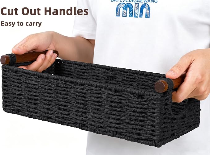 CubesLand Small Wicker Toilet Basket Tray Organizer W/Cut Out Handle, Handwoven Slim Decorative Basket for Countertop, Shelves And for Rustic Home Decor, Living Room, Nursery Organization, Black