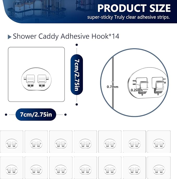 14-Pack Shower Caddy Adhesive Single Hooks for Replacement, Shower Holder Organizer Self Adhesive Wall Hooks for Bathroom Corner Shelf Basket Soap Dish