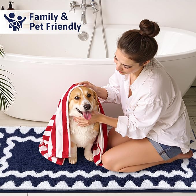 Findosom Bathroom Rugs Sets 5 Piece, Absorbent Soft Non-Slip Bath Rug Set | Washable Microfiber Shaggy Bath Mat Set with Bathroom Runner Rug, U-Shaped Toilet Rugs, Shower Rug & Toilet Lid Cover, Navy