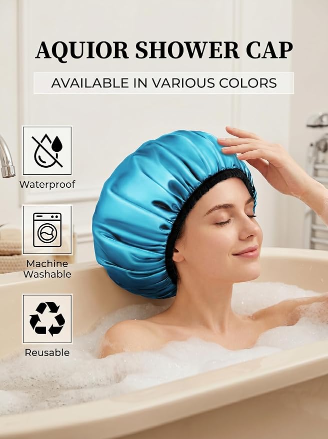 Aquior Shower Cap,Extra Large Triple Layer Bathing Cap with Dry Hair Function for Women Microfiber Terry Cloth Silky Satin 100% Waterproof Reusable Long Hair Bath Caps (Blue)