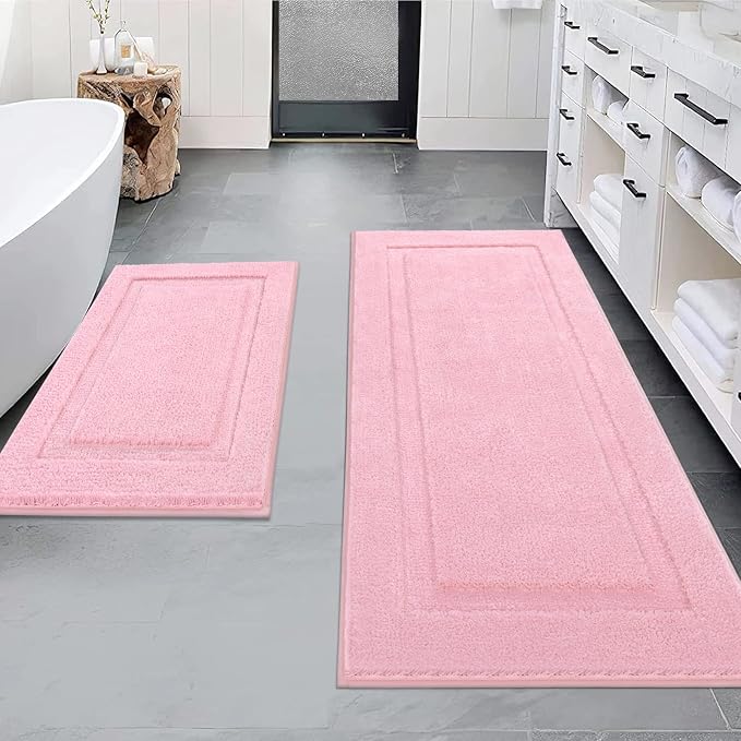 SHACOS Soft Microfiber Bathroom Rugs Set of 2 Pieces, Pink | 47x20 + 32x20, Absorbent Plush Bath Rugs, Non Slip Washable Shaggy Bath Mats, Fluffy Bathroom Runner Floor Mats Shower Rug