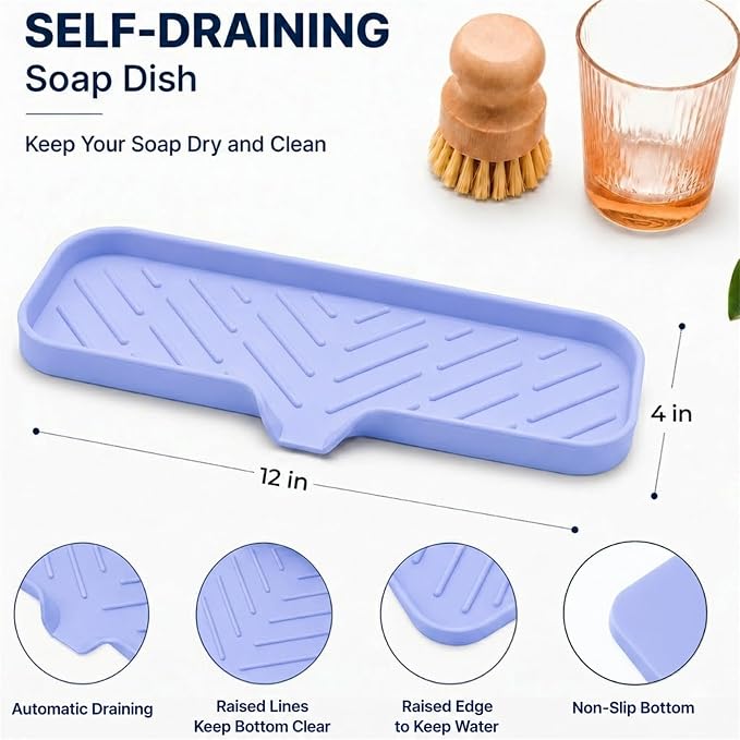 MicoYang Silicone Soap Dish with Drain Spout — Self-Draining Double Sink Organizer Tray for Kitchen & Bath, Dispensers, Sponges & Soap Holder, Non-Slip & Dishwasher Safe, Light Purple (Large, 12"×4")