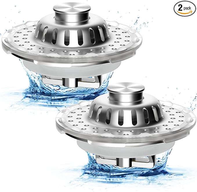 2PCS Universal Bathtub Drain Stopper, All Metal Top Hair Catcher, Chrome | Shower Drain Tub Stopper with Stainless Steel Visible Filter Basket, Upgraded 3 in 1 Pop-up Drain Plug for 1.5 to 2.4" Hole