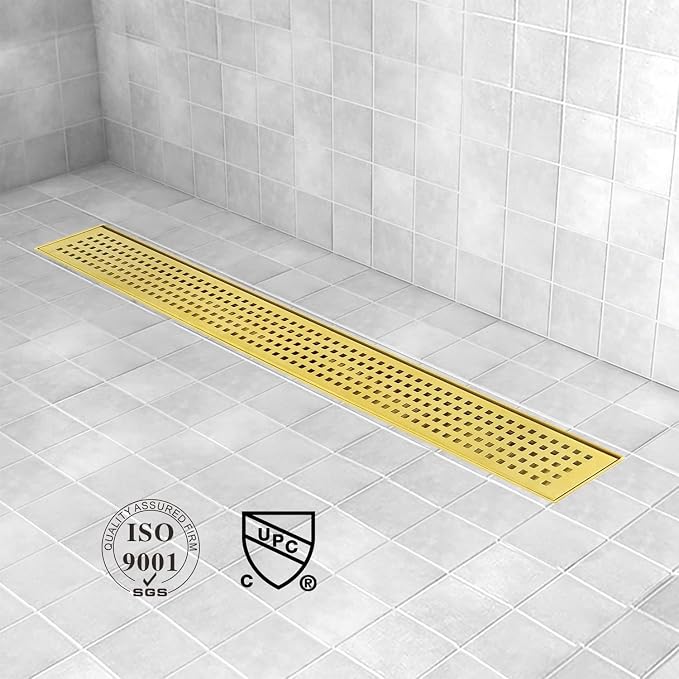 Linear Shower Drain, 40 inch Gold Drain with Removable Grate Cover, Brushed 304 Stainless Steel Shower Floor Drain, Linear Drain with Hair Strainer and Adjustable Feet