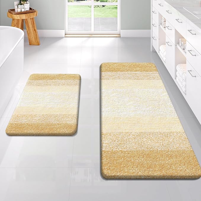 OLANLY Micorfiber Bathroom Rug Set 2 Piece, 47"x20"+24"x16" | Light Yellow, Soft Absorbent Bath Rug Set, Non-Slip, Machine Wash Dry, Plush Shaggy Bath Mats for Bathroom